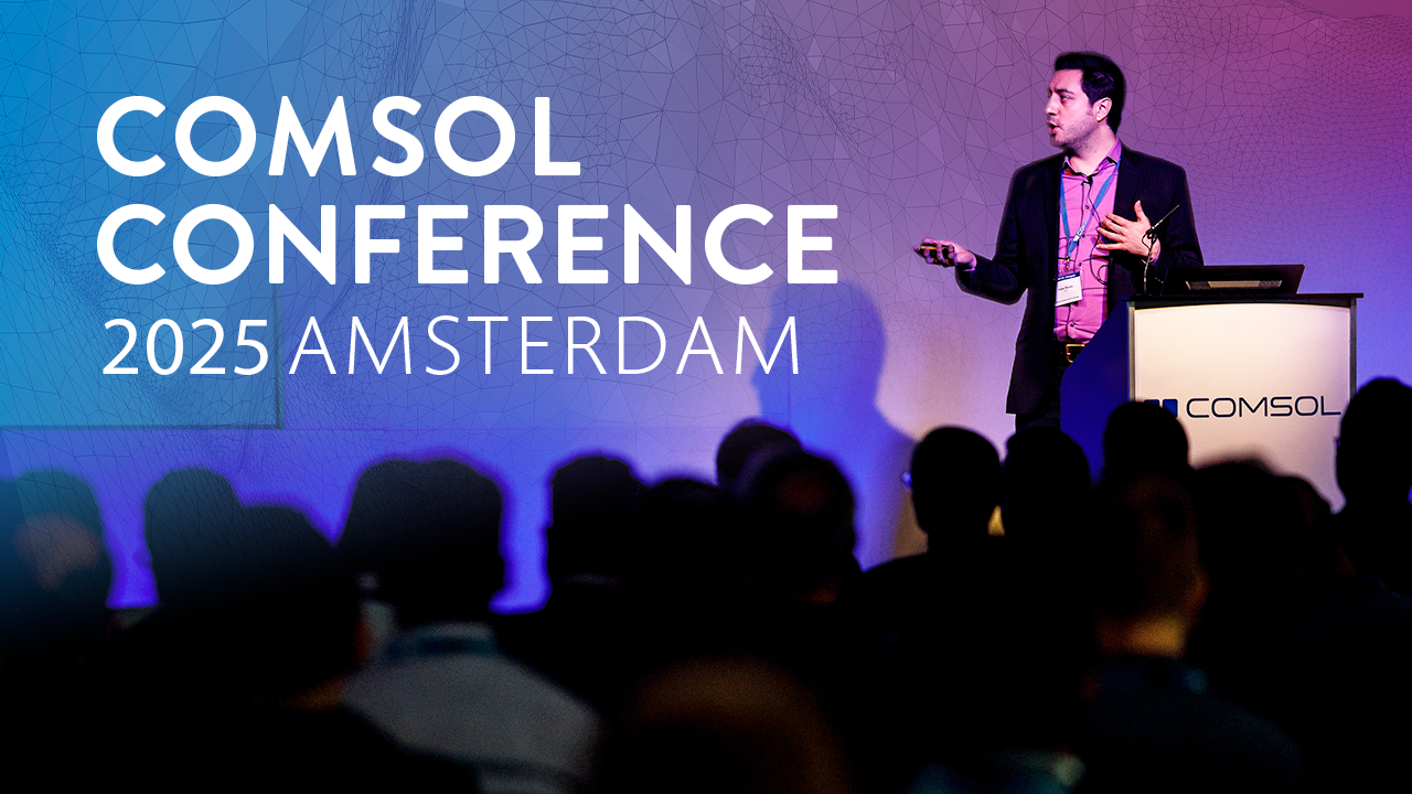 Eine Anzeige für die COMSOL Conference 2025 in Amsterdam mit einem Referenten auf der Bühne.