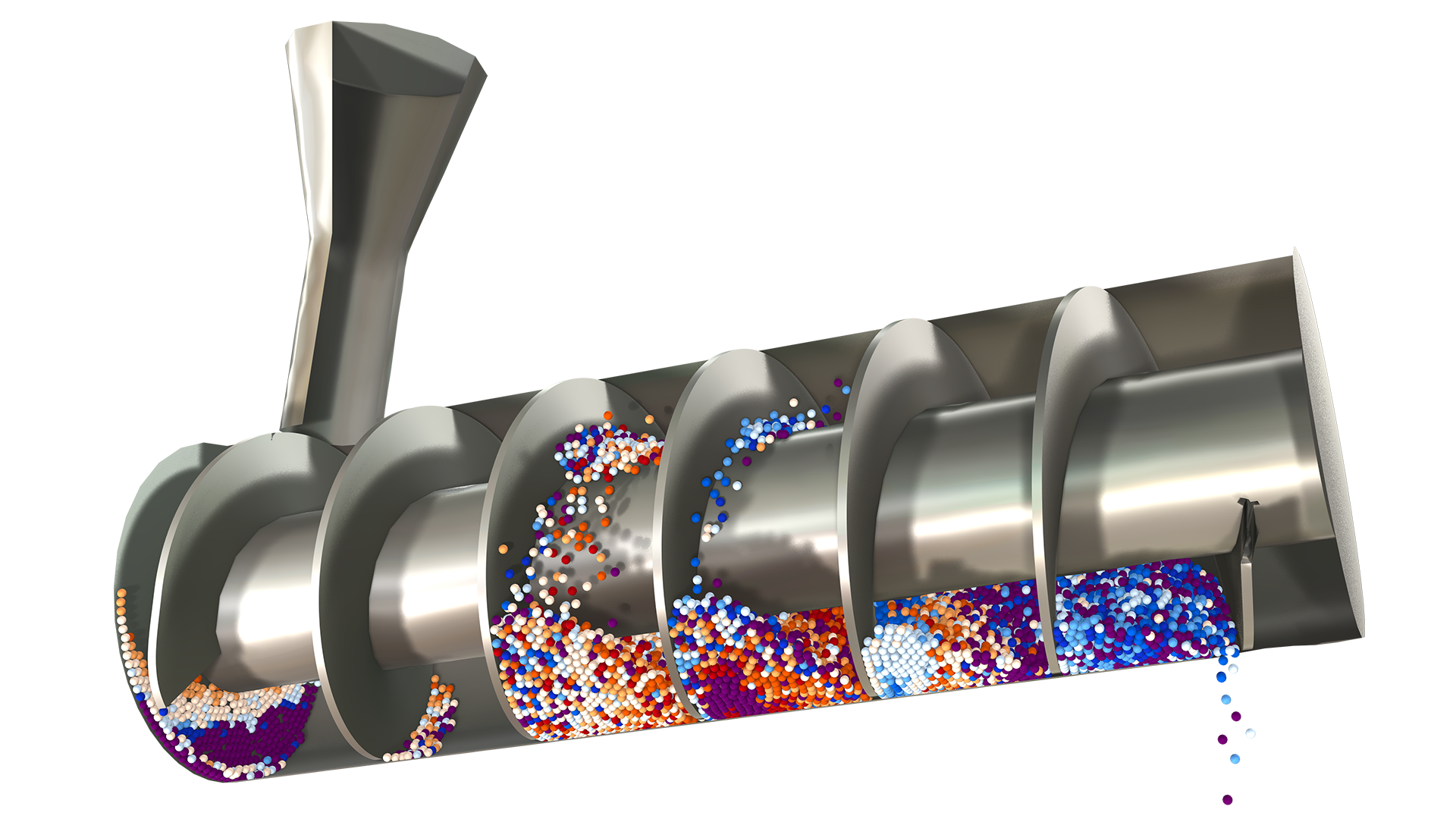 Ein 3D-Modell des Transports von Getreide mittels eines Schneckenförderers.