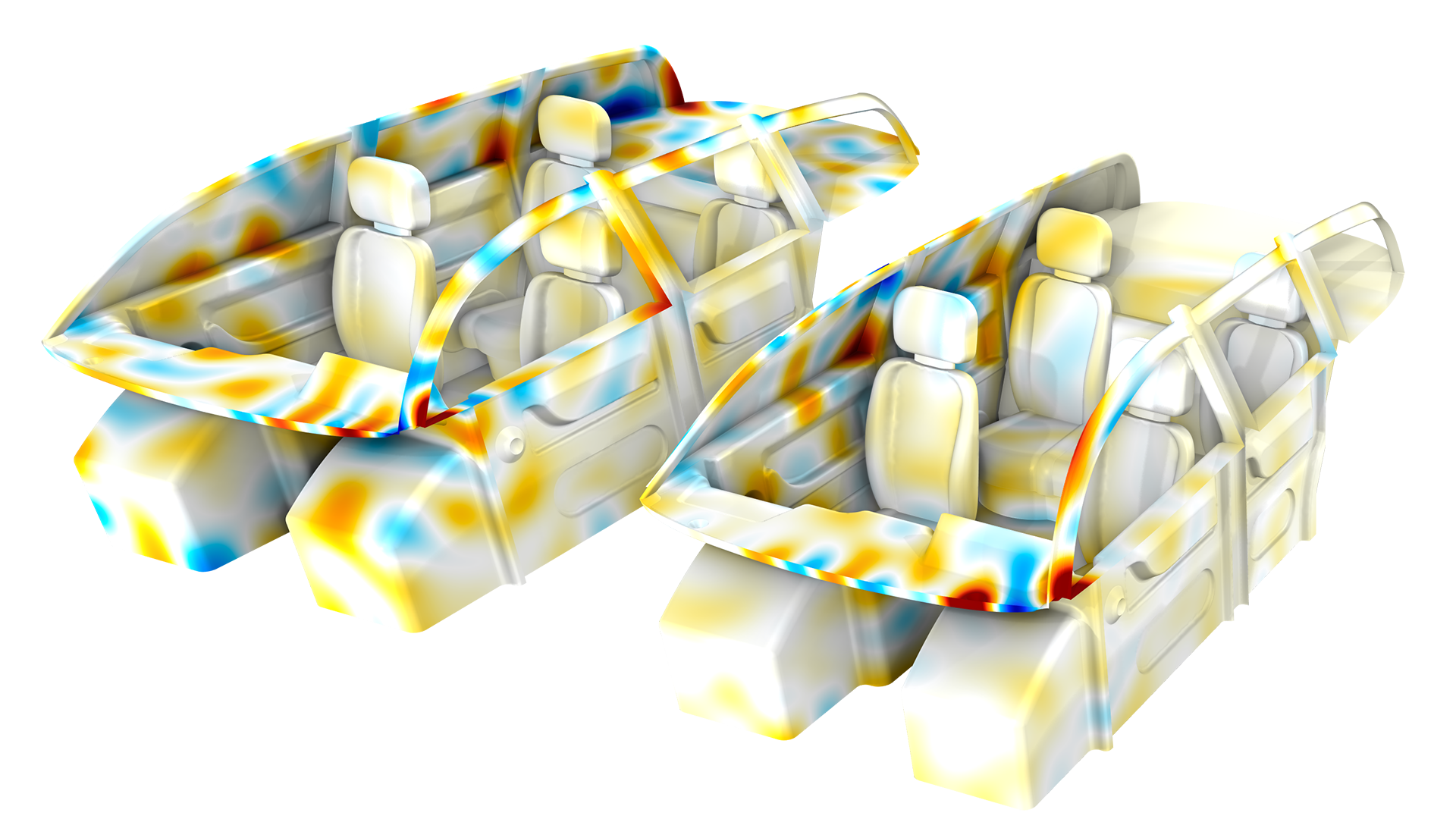 Zwei 3D-Modelle von Fahrzeuginnenräumen, die den Betrag der akustischen Partikelgeschwindigkeit darstellen.